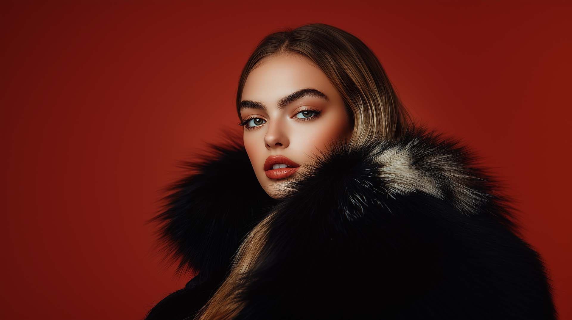 Девушка в шубе на красном фоне
